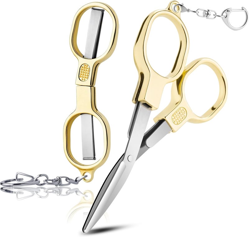 BSADIY 2 Pcs Folding Stainless Steel Portable Mini Small Travel Scissors, Safety Foldable Pocket Badge Nursing Scissors with 2 Keychain for Travel, Home, Office, Craft, Sewing (Gold) - Image 1